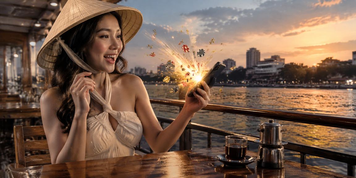 Người dùng Hà Nội nhận tiền thưởng casino trên điện thoại di động bên chiếc nón lá