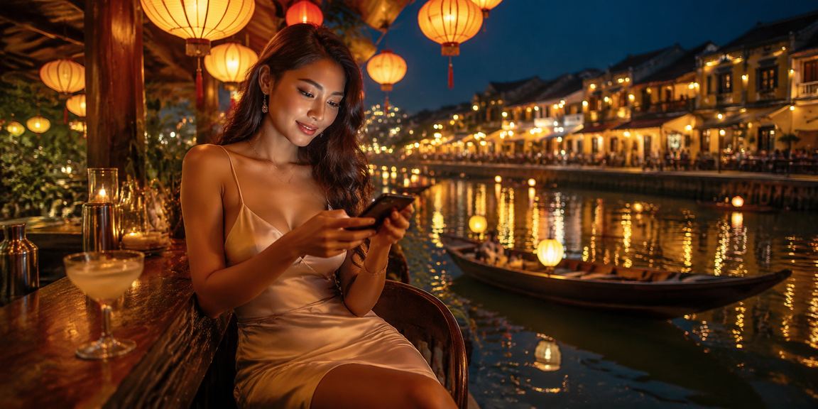 Người dùng đăng ký tài khoản trên thiết bị di động với ly cà phê tại Hội An