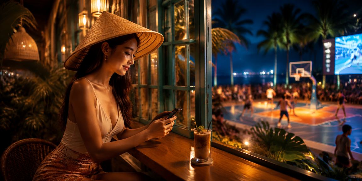 Người xem kèo bóng rổ tại Phú Quốc với nón lá truyền thống